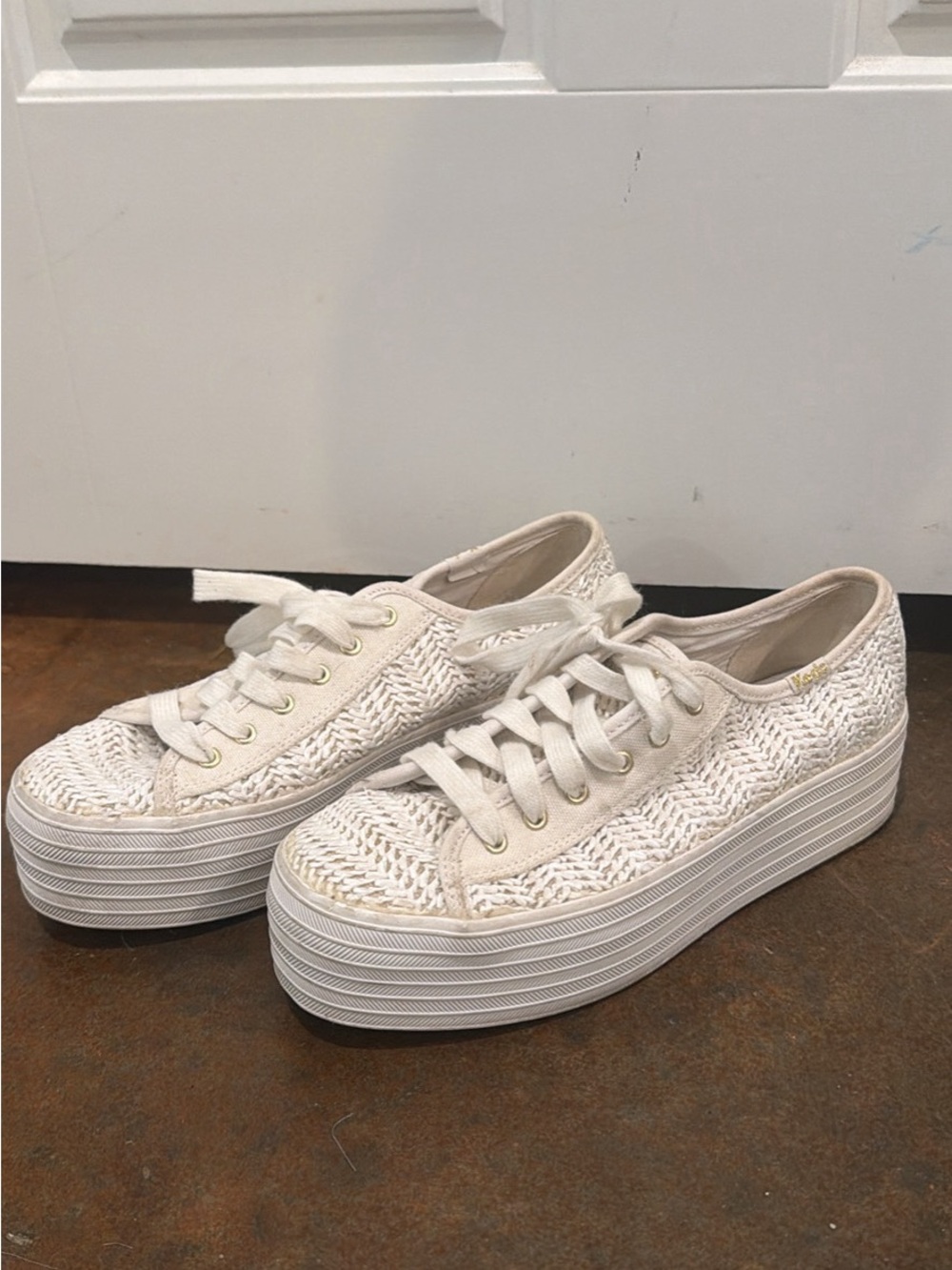 Keds Cream Woven Platform Lace-Up Sneakers